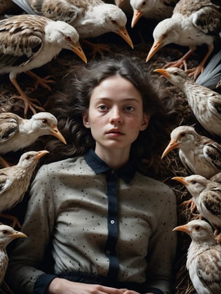 a beautiful woman laying down on a big pile of birds, messy dark hair, closeup, big ears, naturally_censored, looking_at_viewer. Sony A7III. photo r3al, , PORTRAIT PHOTO, Aligned eyes, Iridescent Eyes, (blush, eye_wrinkles:0.6), (goosebumps:0.5), subsurface scattering, ((skin pores)), detailed skin texture, textured skin, realistic dull skin noise, visible skin detail, skin fuzz, dry skin, hyperdetailed face, sharp picture, sharp detailed, analog grainy photo vintage, Rembrandt lighting, ultra focus, illuminated face, detailed face, 8k resolution, photo r3al, Extremely Realistic, Movie Still.
(((motion blur))), full body, from below, KNWLS, wide shot, distance, full-body, outside, unbalanced face, full body, highly detailed, dry skin, skin pores, looking away, detailed, run, analog, 50mm Leica, undershot, low shutter speed, super realistic, contrast, imperfect skin, soft light, (((side light))), dry skin, freckles, black fabric, wind, strangle, outdoor, High Fashion, model, vogue, RAW, contrast,