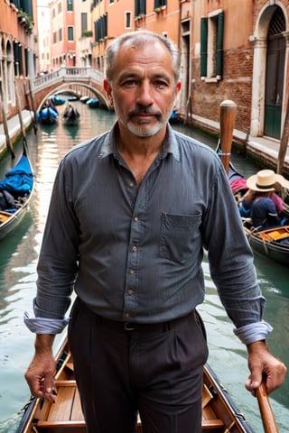 Venice gondola view, late afternoon, sun slowly setting, capturing a fleeting moment with a 32-year-old Venetian gondolier, (((full body view))), standing upright with his paddle in the water on his gondola, epitomizing the romance and charm of the city. He has a robust build, and his distinctive, sun-tanned face is marked by a small, healed cut on his lip, adding to his rugged appeal. Gliding along a narrow canal near the Rialto Bridge, he skillfully navigates the gondola, his focus on the waterway, unaware of the camera capturing this serene scene.

His hair, dark and slightly wavy, is typical of a man who spends his days outdoors, lending him a natural, approachable look. As he stands at the stern, guiding the gondola, his profile shows a moment of attentive navigation, his lips parted in a soft whistle, his gaze never meeting the camera's lens.

He's dressed in a (traditional striped shirt) and (dark, casual trousers), the quintessential attire of a gondolier. His feet, in (well-worn, practical shoes), are firmly positioned on the gondola, his stance steady as he provides a memorable experience through Venice's iconic canals., late afternoon in August. detailed fingers, 4k, HD, high quality, extremely detailed . RAW photo, 8k uhd, dslr, high quality, film grain, Fujifilm XT3 , detailed (wrinkles, blemishes, folds, moles, viens, pores, skin imperfections:1.1)  dark studio, rim lighting, two tone lighting, dimly lit, low key.
(skin blemishes), 8k uhd, dslr, soft lighting, high quality, film grain, Fujifilm XT3, high quality photography, 3 point lighting, flash with softbox, 4k, Canon EOS R3, hdr, smooth, sharp focus, high resolution, award winning photo, 80mm, f2.8, bokeh, (Highest Quality, 4k, masterpiece, Amazing Details:1.1), film grain, Fujifilm XT3, photography,
(imperfect skin), detailed eyes, epic, dramatic, fantastical, full body, intricate design and details, dramatic lighting, hyperrealism, photorealistic, cinematic, 8k, detailed face. Extremely Realistic, art by sargent, PORTRAIT PHOTO, Aligned eyes, Iridescent Eyes, (blush, eye_wrinkles:0.6), (goosebumps:0.5), subsurface scattering, ((skin pores)), (detailed skin texture), (( textured skin)), realistic dull (skin noise), visible skin detail, skin fuzz, dry skin, hyperdetailed face, sharp picture, sharp detailed, (((analog grainy photo vintage))), Rembrandt lighting, ultra focus, illuminated face, detailed face, 8k resolution
,photo r3al,Extremely Realistic,aw0k euphoric style,PORTRAIT PHOTO,Enhanced Reality,PHOTO