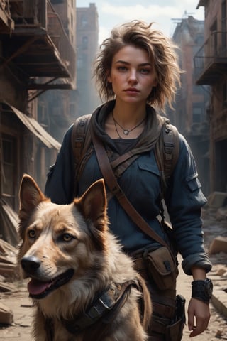 dystopian art, 18yo girl, a survivor of post-apocalypse, walking her dog in the abandoned city, beautiful face with messy hair and gear, DnD, in the style of realistic and hyper-detailed renderings, dungeons and dragons, 8k, detailed eyes, epic , dramatic , fantastical, full body , intricate design and details, dramatic lighting, hyperrealism, photorealistic, cinematic, 8k, detailed face. Extremely Realistic, art by sargent, PORTRAIT PHOTO, 
Aligned eyes,  Iridescent Eyes,  (blush,  eye_wrinkles:0.6),  (goosebumps:0.5),  subsurface scattering,  ((skin pores)),  (detailed skin texture),  (( textured skin)),  realistic dull (skin noise),  visible skin detail,  skin fuzz,  dry skin,  hyperdetailed face,  sharp picture,  sharp detailed,  (((analog grainy photo vintage))),  Rembrandt lighting,  ultra focus,  illuminated face,  detailed face,  8k resolution,