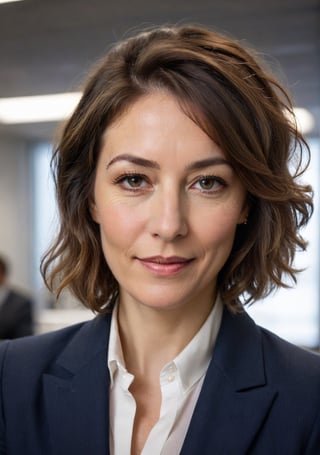 Office view of a German project manager, 42 years old, embodying professionalism with a hint of approachability, with a medium build and a square jaw, noticeable due to a slight underbite, in a bustling Berlin corporate office. She's seen in the background, coordinating with her team, her posture upright yet relaxed, a friendly if asymmetrical smile as she communicates.

Her hair, a neat bob with streaks of silver, complements her mature, managerial role. While her back is mostly to the camera, her profile reveals a pair of glasses slightly askew on her nose, her eyes keenly observing her team, her smile warm despite its crookedness.

She wears a (smart blazer) over a (crisp shirt) and (tailored trousers), her attire sharp but with a touch of personal flair. Her feet, in (comfortable, low-heeled shoes), are partially visible beneath her desk, her presence in the office a blend of command and congeniality, as she oversees the workflow.
(skin blemishes), 8k uhd, dslr, soft lighting, high quality, film grain, Fujifilm XT3, high quality photography, 3 point lighting, flash with softbox, 4k, Canon EOS R3, hdr, smooth, sharp focus, high resolution, award winning photo, 80mm, f2.8, bokeh, (Highest Quality, 4k, masterpiece, Amazing Details:1.1), film grain, Fujifilm XT3, photography,
(imperfect skin), detailed eyes, epic, dramatic, fantastical, full body, intricate design and details, dramatic lighting, hyperrealism, photorealistic, cinematic, 8k, detailed face. Extremely Realistic, art by sargent, PORTRAIT PHOTO, Aligned eyes, Iridescent Eyes, (blush, eye_wrinkles:0.6), (goosebumps:0.5), subsurface scattering, ((skin pores)), (detailed skin texture), (( textured skin)), realistic dull (skin noise), visible skin detail, skin fuzz, dry skin, hyperdetailed face, sharp picture, sharp detailed, (((analog grainy photo vintage))), Rembrandt lighting, ultra focus, illuminated face, detailed face, 8k resolution
,photo r3al,Extremely Realistic,aw0k euphoric style,PORTRAIT PHOTO,Enhanced Reality