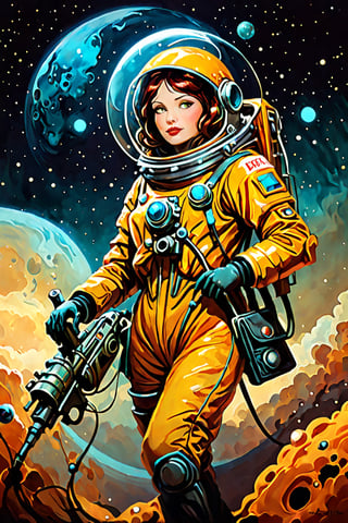 digital art 8k, style, mail art,A creatively illustrated abstract image in vector form of a 1950’s pulp magazine cover art "Junk Tank" is the title logo. It’s a science fiction woman in an astronaut suit, predominately warm analagous colors such as yellow, orange , red, generally vivid and bright but limted color palette, isolated from the background elements so the image is clean, simple and minimalistic, (dark luminescent:1.2) art by Alphonse Mucha, Kinuno Y Craft, Brian Froud, Arthur Rackham, Jean Baptiste Monge,more detail XL, in the style of esao andrews