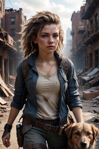 dystopian art, 18yo girl, a survivor of post-apocalypse, walking her dog in the abandoned city, beautiful face with messy hair and gear, DnD, in the style of realistic and hyper-detailed renderings, dungeons and dragons, 8k, detailed eyes, epic , dramatic , fantastical, full body , intricate design and details, dramatic lighting, hyperrealism, photorealistic, cinematic, 8k, detailed face. Extremely Realistic, art by sargent, PORTRAIT PHOTO, 
Aligned eyes,  Iridescent Eyes,  (blush,  eye_wrinkles:0.6),  (goosebumps:0.5),  subsurface scattering,  ((skin pores)),  (detailed skin texture),  (( textured skin)),  realistic dull (skin noise),  visible skin detail,  skin fuzz,  dry skin,  hyperdetailed face,  sharp picture,  sharp detailed,  (((analog grainy photo vintage))),  Rembrandt lighting,  ultra focus,  illuminated face,  detailed face,  8k resolution,Extremely Realistic,photo r3al
(((motion blur))), full body, from below, KNWLS, wide shot, distance, full-body, outside, ultra sharp, unbalanced face, full body, highly detailed, dry skin, skin pores, looking away, detailed, run, analog, 50mm Leica, undershot, low shutter speed, super realistic, contrast, imperfect skin, 