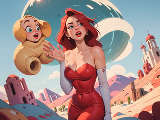 (JessicaWaifu:1),1girl, cute, looking at viewer, (( waving to the camera)), (jessica rabbit wavy red long hair, blue eyes), ((red dress:1.2)), (strapless dress, elbow gloves, orgasm face, red lips, makeup, cleavage), ((extremely curvy)), sexy, leaning forward, breast focus, sexy face, charming face,(detailed ladscape, glamour:1.2), (background), In the style of Cell Shaded + Vector Illustration + Oil Painting, "Design a visual masterpiece that embodies the allure of Palm Springs, a Southern California resort town. Illustrate the sun-drenched atmosphere, golf courses, and rejuvenating spas with a palette of desert sun yellow, oasis green, and relaxation blue." minimalist + retro, Stylized, perfect illustration, spectacular view, stunning scenery, long-shot perspective, unique composition, 8K UHD, full canvas design

 (dynamic_angle:1.2), (dynamic_pose:1.2), (rule of third_composition:1.3), (dynamic_perspective:1.2), (dynamic_Line_of_action:1.2), solo, wide shot,(masterpiece:1.2), (best quality, highest quality), (ultra detailed), (8k, 4k, intricate),(full-body-shot:1), (Cowboy-shot:1.2), (50mm), (highly detailed:1.2),(detailed face:1.2), detailed_eyes,(gradients),(ambient light:1.3),(cinematic composition:1.3),(HDR:1),Accent Lighting,extremely detailed CG unity 8k wallpaper,original, highres,(perfect_anatomy:1.2) ,SAM YANG, 3DMM, Detailedface, Detailedeyes,hourglass body shape,Bulma_DB,MASTURBATION,2dcharacter,cherucot,tenletters,Jasmine,venusbody
