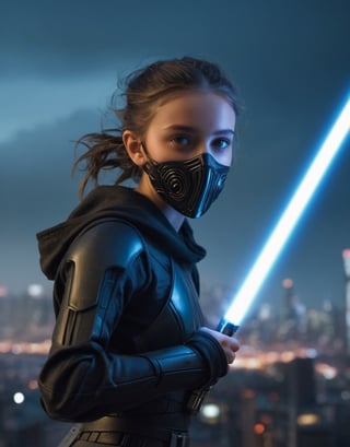 Establishing shot, medium wide shot, ultra Realistic, Extreme detailed, {intense young girl, athletic}, soaring through the air, {dark and intricate translucent futuristic mask}, determined expression, {intensely focusing on the viewer}, {gracefully wielding a glowing lightsaber}, sci-fi, {dystopian skyline in the background}, body resilience, {highly detailed post-apocalyptic cityscape}, somber, cinematic, {surreal atmosphere with a dark edge}, serious, {deep, muted colors}, sf, {artwork masterpiece of complex design}, gritty, matte painting, {movie poster style}, {recognized on cgsociety}, intricate, dramatic, {noted on artstation}, sf, highly detailed, somber, production cinematic character render, ultra high quality model, 8k Ultra HD, {raven-themed mask}},
Enhance,Mecha body,perfect,High detailed ,eyes shoot