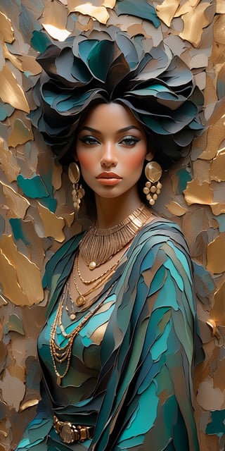 a closeup portrait of a woman adorned in gossamer fabrics and gold jewelry, captured in the textured abstract expressionism style, dark bronze and teal palette, detailed recycled material murals as backdrop, clothing exquisitely detailed, surrounded by altered books and abstract whispers that tell her story