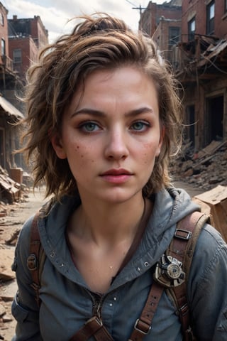 dystopian art, 18yo girl, a survivor of post-apocalypse, walking her dog in the abandoned city, beautiful face with messy hair and gear, DnD, in the style of realistic and hyper-detailed renderings, dungeons and dragons, 8k, detailed eyes, epic , dramatic , fantastical, full body , ((extremely sharp)), intricate design and details, dramatic lighting, hyperrealism, photorealistic, cinematic, 8k, detailed face. Extremely Realistic, art by sargent, PORTRAIT PHOTO, 
Aligned eyes,  Iridescent Eyes,  (blush,  eye_wrinkles:0.6),  (goosebumps:0.5),  subsurface scattering,  ((skin pores)),  (detailed skin texture),  (( textured skin)),  realistic dull (skin noise),  visible skin detail,  skin fuzz,  dry skin,  hyperdetailed face,  sharp picture,  sharp detailed,  sharp detailed lips, sharp detailed skin, (((analog grainy photo vintage))),  Rembrandt lighting,  ultra focus,  illuminated face,  detailed face,  8k resolution,Extremely Realistic,photo r3al
(((motion blur))), full body, from below, KNWLS, wide shot, distance, full-body, outside, ultra sharp, unbalanced face, full body, highly detailed, dry skin, skin pores, looking away, detailed, run, analog, 50mm Leica, undershot, low shutter speed, super realistic, contrast, imperfect skin, ,PORTRAIT PHOTO