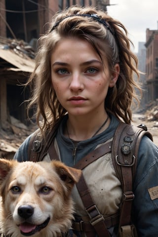 dystopian art, 18yo girl, a survivor of post-apocalypse, walking her dog in the abandoned city, beautiful face with messy hair and gear, DnD, in the style of realistic and hyper-detailed renderings, dungeons and dragons, 8k, detailed eyes, epic , dramatic , fantastical, full body , intricate design and details, dramatic lighting, hyperrealism, photorealistic, cinematic, 8k, detailed face. Extremely Realistic, art by sargent, PORTRAIT PHOTO, 
Aligned eyes,  Iridescent Eyes,  (blush,  eye_wrinkles:0.6),  (goosebumps:0.5),  subsurface scattering,  ((skin pores)),  (detailed skin texture),  (( textured skin)),  realistic dull (skin noise),  visible skin detail,  skin fuzz,  dry skin,  hyperdetailed face,  sharp picture,  sharp detailed,  (((analog grainy photo vintage))),  Rembrandt lighting,  ultra focus,  illuminated face,  detailed face,  8k resolution,Extremely Realistic