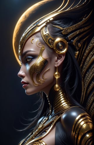 ((HALF BODY SHOT SIDE VIEW ))  a black and Dark Gold tribal face with Tribal on it, GOLD HIGH HEAL BOOTS in the style of futuristic space elements Scorn glamour, animated gifs, stefan gesell, algorithmic artistry, android jones, tim hildebrandt, pop art with a dark sine of the moon Scorn Hr Giger 