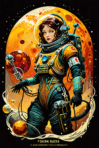 digital art 8k, style, mail art,A creatively illustrated abstract image in vector form of a 1950’s pulp magazine cover art "Junk Tank" is the title logo. It’s a science fiction woman in an astronaut suit, predominately warm analagous colors such as yellow, orange , red, generally vivid and bright but limted color palette, isolated from the background elements so the image is clean, simple and minimalistic, (dark luminescent:1.2) art by Alphonse Mucha, Kinuno Y Craft, Brian Froud, Arthur Rackham, Jean Baptiste Monge,more detail XL, in the style of esao andrews