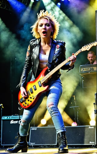 (wideshot), (long shot ), ((full body)) image of a British rock band's lead guitarist, 29 years old, personifying raw energy and charisma, with a lean, angular face, dynamically placed in the (lower left of the frame). She's on a vibrant festival stage, electric guitar in hand, in the midst of an electrifying solo, the crowd roaring in the background.

Her short, spiked blonde hair is a statement in itself, mirroring the rebellious spirit of her music. Her eyes, ablaze with the thrill of performance, are not on the camera but are fixed on the sea of fans, her lips parting in a shout that melds with the guitar's wail.

She has a lithe, energetic build. Clothed in a (leather jacket adorned with band patches) and (ripped jeans), her outfit screams rock and roll. Her feet, in (sturdy combat boots), stomp and move across the stage, each step a punctuation to the raw, pulsating rhythm she commands.

((Full body shot)), (full body shown)
Low camera long  shot. (frog perspective shot) In summary, this image captures the essence of inviting and stylish beauty. film grain. grainy. Sony A7III. photo r3al,
,PORTRAIT PHOTO,
Aligned eyes, Iridescent Eyes, (blush, eye_wrinkles:0.6), (goosebumps:0.5), subsurface scattering, ((skin pores)), detailed skin texture, textured skin, realistic dull skin noise, visible skin detail, skin fuzz, dry skin, hyperdetailed face, sharp picture, sharp detailed, 
analog grainy photo vintage, Rembrandt lighting, ultra focus, illuminated face, detailed face, 8k resolution, ,photo r3al,Extremely Realistic