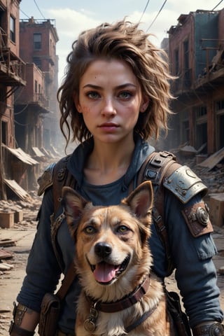 dystopian art, 18yo girl, a survivor of post-apocalypse, walking her dog in the abandoned city, beautiful face with messy hair and gear, DnD, in the style of realistic and hyper-detailed renderings, dungeons and dragons, 8k, detailed eyes, epic , dramatic , fantastical, full body , intricate design and details, dramatic lighting, hyperrealism, photorealistic, cinematic, 8k, detailed face. Extremely Realistic, art by sargent, PORTRAIT PHOTO, 
Aligned eyes,  Iridescent Eyes,  (blush,  eye_wrinkles:0.6),  (goosebumps:0.5),  subsurface scattering,  ((skin pores)),  (detailed skin texture),  (( textured skin)),  realistic dull (skin noise),  visible skin detail,  skin fuzz,  dry skin,  hyperdetailed face,  sharp picture,  sharp detailed,  (((analog grainy photo vintage))),  Rembrandt lighting,  ultra focus,  illuminated face,  detailed face,  8k resolution,Extremely Realistic,photo r3al