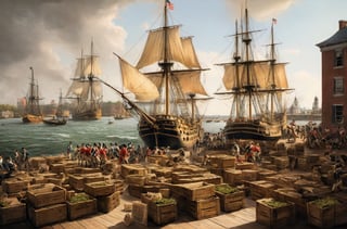 (masterpiece: 1.2), (best quality, ultra detailed, photorealistic: 1.37) high quality, high definition, super detailed, (Natural Light), (Hyperrealist Photography), (High contrast), defined blacks, (HDR), volume, (American Revolution style), wide plan, (Boston Tea Party), (Tea crates towering over the ships' decks: 2), centered, monumental, (Gigantic piles of tea crates: 2), (aboard vessels in Boston Harbor: 2), forcefully thrown overboard by dozens of (Colonial rebels: 1.8), (dressed as Mohawk warriors: 1.5).
