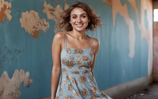 (wide shot), (long shot ),  ((full body)) 
{25 yo female}, wavy short bob, light olive skin, sea-blue eyes, (copper eyeshadow), wearing (sundress with a floral pattern), joyful laugh. Inside an old abandoned factory. textured walls showing signs of wear and age, cracked and peeled paint, rust marks. .

Her messy hair, wavy , black,  frames her face enhancing her overall charm. 

She's got a (slender figure) and (fantastic legs). Wearing a short dress which accentuates her figure and great legs. (Leather black shoes). (((Shown full length)))

Low camera shot. (frog perspective shot) In summary,  this image captures the essence of inviting and stylish beauty. film grain. grainy. Sony A7III. photo r3al, 
,PORTRAIT PHOTO,
iridescent Eyes, (blush, eye_wrinkles:0.6), (goosebumps:0.5), subsurface scattering, imperfect skin, skin blemishes, ((skin pores)), detailed skin texture, textured skin, realistic dull skin noise, visible skin detail, skin fuzz, dry skin, hyperdetailed face, sharp picture, sharp detailed, 
analog very grainy photo vintage, Rembrandt lighting, ultra focus, illuminated face, detailed face, 8k resolution, painted, dry brush, brush strokes, sharp focus,more saturation 