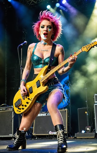 (wideshot), (long shot ), ((full body)) image of a British rock band's lead guitarist, 29 years old, personifying raw energy and charisma, with a lean, angular face, dynamically placed in the (lower left of the frame). She's on a vibrant festival stage, electric guitar in hand, in the midst of an electrifying solo, the crowd roaring in the background.

Her short, spiked pink hair is a statement in itself, mirroring the rebellious spirit of her music. Her eyes, ablaze with the thrill of performance, are not on the camera but are fixed on the sea of fans, her lips parting in a shout that melds with the guitar's wail.

She has a lithe, energetic build. Clothed in a ((tight fitting crop top showing her big breasts)) and (ripped jeans shorts), her outfit screams rock and roll. Her feet, in (sturdy pointy combat boots), stomp and move across the stage, each step a punctuation to the raw, pulsating rhythm she commands.

((Full body shot)), (full body shown)
Low camera long  shot. (frog perspective shot) In summary, this image captures the essence of inviting and stylish beauty. film grain. grainy. Sony A7III. photo r3al,
,PORTRAIT PHOTO,
Aligned eyes, Iridescent Eyes, (blush, eye_wrinkles:0.6), (goosebumps:0.5), subsurface scattering, ((skin pores)), detailed skin texture, textured skin, realistic dull skin noise, visible skin detail, skin fuzz, dry skin, hyperdetailed face, sharp picture, sharp detailed, 
analog grainy photo vintage, Rembrandt lighting, ultra focus, illuminated face, detailed face, 8k resolution, ,photo r3al,Extremely Realistic