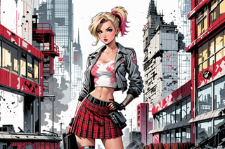 vintage comic book illustration of a schoolgirl at a dystopian school, ((only one girl)), (wearing white bra), (wearing red plaid tie), (wearing red plaid miniskirt), (wearing grey school jacket), full body, (ponytail hairstyle blonde with pink highlights), tattooed  body, futuristic city in background, sexy body, detailed gorgeous face,  Showing small breast under the bra, apocalyptic environment,  exquisite detail,  30-megapixel, 4k, Flat vector art, Vector illustration, Illustration, <lora:659095807385103906:1.0>,