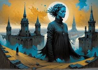Zdzislaw Beksinski style, the mystical allure of 'Angelarium' with the underground edge of graffiti culture. A serene entity floats above an abandoned cityscape, where the walls are canvases of expressive street art. In a dynamic aerial pose, the character's clothing ripples with patterns reminiscent of Escher's impossible constructions, set against a backdrop that fades from industrial grays to the vibrant hues of a graffiti masterpiece.