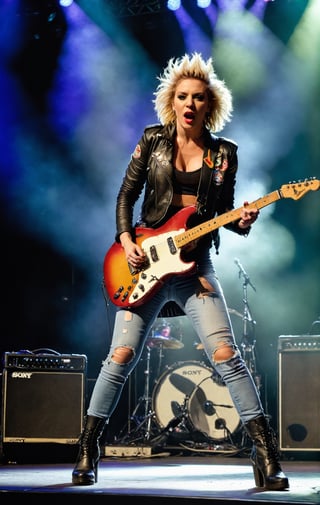 (wideshot), (long shot ), ((full body)) image of a British rock band's lead guitarist, 29 years old, personifying raw energy and charisma, with a lean, angular face, dynamically placed in the (lower left of the frame). She's on a vibrant festival stage, electric guitar in hand, in the midst of an electrifying solo, the crowd roaring in the background.

Her short, spiked blonde hair is a statement in itself, mirroring the rebellious spirit of her music. Her eyes, ablaze with the thrill of performance, are not on the camera but are fixed on the sea of fans, her lips parting in a shout that melds with the guitar's wail.

She has a lithe, energetic build. Clothed in a (leather jacket adorned with band patches) and (ripped jeans), her outfit screams rock and roll. Her feet, in (sturdy combat boots), stomp and move across the stage, each step a punctuation to the raw, pulsating rhythm she commands.

((Full body shot)), (full body shown)
Low camera long  shot. (frog perspective shot) In summary, this image captures the essence of inviting and stylish beauty. film grain. grainy. Sony A7III. photo r3al,
,PORTRAIT PHOTO,
Aligned eyes, Iridescent Eyes, (blush, eye_wrinkles:0.6), (goosebumps:0.5), subsurface scattering, ((skin pores)), detailed skin texture, textured skin, realistic dull skin noise, visible skin detail, skin fuzz, dry skin, hyperdetailed face, sharp picture, sharp detailed, 
analog grainy photo vintage, Rembrandt lighting, ultra focus, illuminated face, detailed face, 8k resolution, ,photo r3al,Extremely Realistic