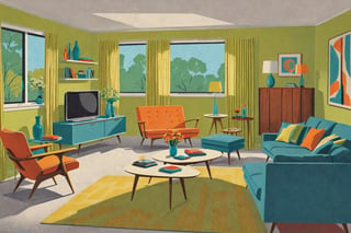Mid century 50s living room,,Flat vector art,pencil sketch