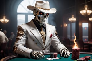 A sci-fi skeleton knight holding a poker, wearing a white suit and a silver western cowboy hat, with his whole body on fire and bright red eyes, standing next to the gambling table, warm lighting, banner, high quality, high resolution