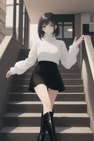 The picture shows a young woman wearing a white turtleneck sweater. She is wearing a black flared skirt and black knee-high boots. A white staircase can be seen in the background. Her pose is natural and calm. Her clothes give the impression of a classy, mature woman. Her hair is shoulder-length and soft. The overall look is simple yet elegant.