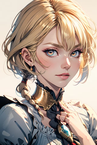 1 woman, ((blank background)), light colors, head and shoulders portrait, short hair, blonde hair, one braid, pale, bangs, shining golden eyes, warrior, large forehead,2b