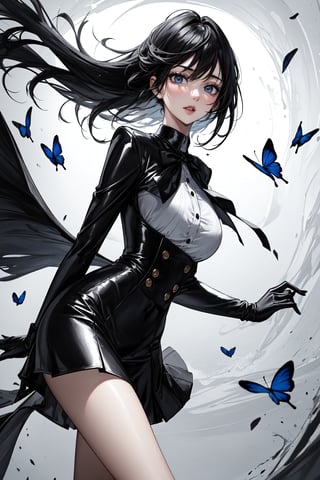 Here is the high-quality SD prompt:

Create an image of a woman dressed in monochromatic elegance: a white blouse, black tie, flared black skirt that flutteringly wraps around her legs, black gloves, and red high heels. Her right hand rests on her hip, framing her slender figure. Short black hair is styled with precision. Yellow butterflies dance playfully around her, adding whimsy to the atmospheric setting. In a bold, dynamic pose, she stands with arms outstretched wide to the sides and in front of her, one leg forward, as if embracing the wind. Her upper body is slightly bent forward, exuding grace and elegance. The overall effect should be a harmonious blend of movement, vitality, and beauty.