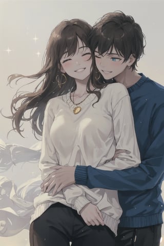A tender moment captured on a crisp white background. A girl with long, brown hair and a warm smile gazes up at her partner, her bangs framing her peaceful expression. She wears a comfortable shirt with long sleeves and a pair of black pants. Meanwhile, the boy wraps his arms around her from behind, his black pants a perfect match for hers. His blue-shirted torso is visible above her sweater, which she's worn to keep cozy in their intimate embrace. Her eyes are closed, but a sly grin plays on her lips as she leans into the hug, her teeth subtly visible. The jewelry adorning her neck catches the light, adding a touch of sparkle to the heartwarming scene.,1guy,1girl