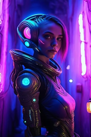 space, future, planet, girl, alien, lights, perfect eyes, beautiful, realistic,roborobocap,cyberpunk style,neon photography style