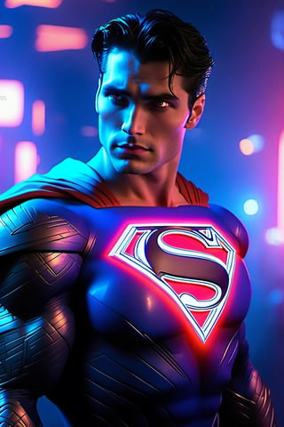 space, future, superman, lights, perfect eyes, beautiful, realistic,roborobocap,cyberpunk style,neon photography style