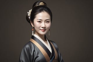 "Create an image portraying a chinese middle-aged woman, reflecting a mature and confident demeanor with a touch of grace and wisdom
Generate an image without text, focusing solely on the visual elements
"Create a portrait of an elegant and intellectual  young woman in ancient attire, capturing a beautiful and refined essence."
young.
dark clothes
smile