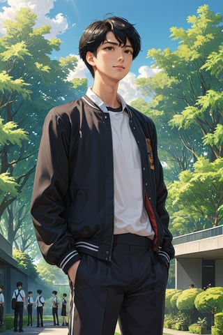 A beautiful anime illustration. The high school athletic tall guy with short black hair, full body, in school cloth, he is standing in profile and looking up at left side with flirtatious smile. Detailed face. The background includes a big modern school with flat roof, with trees and plants, with students. The drama atmosphere, illustration, cinematic, anime,Anime ,hentai