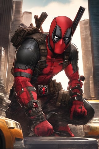 Marvel Deadpool character, he is standing on the New York city, detailed picture, detailed hands, masterpiece, comics style 
