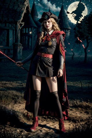 Hogwarts Gryffindor student, training Quidditch field on the background, with magic wand in hand, her uniform is red vest, black skirt, long black and red cloak with Gryffindor sign, long straight blonde hair, the image must be striking and high impact, magic photo style, the woman should have an elegant and cute appearance, the background must be dark and magic, night and magic atmosphere, the image must have 8k resolution and a high level of detail, full body, (artistic pose of a woman),FFIXBG