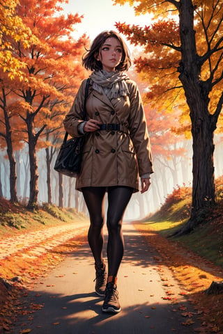 A beautiful girl, cozy Autumn themed Walk, nature walk, Autumn day, flora, beautiful lighting, Autumn colors, Autumn elements, (masterpiece, best quality)