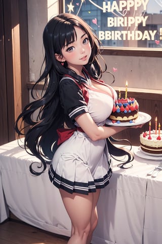 1 japanese girl, solo, student girl, school uniform, 16 years old, thighs, super cute, sexy:1.5, standing, sexy lips, shy, blushing, pale skin, black wavy hair,  full-body_portrait, soft breasts, ,YAMATO, heart hands, happy_face, (((holding a large birthday cake))),holding_tray