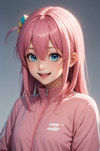 gotoh hitori, 1girl, solo, long hair, smile, open mouth, blue eyes, simple background, long sleeves, white background, hair between eyes, upper body, pink hair, v, one side up, trembling, shaded face, track jacket, double v, nervous, nervous smile, cube hair ornament, pink track jacket ,pink hair