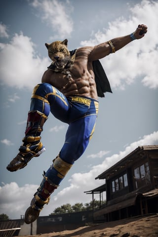 image of King from Tekken doing a flying jump kick, bottom view, wrestling outfit, bare chest, cape, full body, cinematic, masterpiece, photorealistic, 8k, beautiful, volumetric lighting, detailed, realistic, ultra realistic,high detail, hd, depth of field, king_tekken,photorealistic