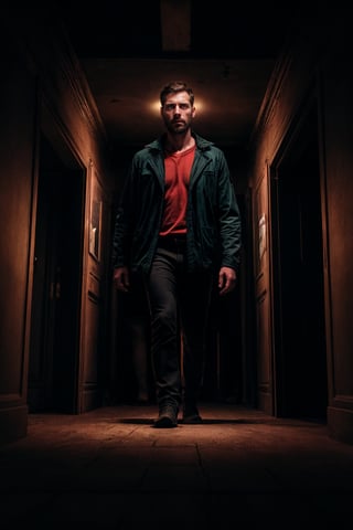 Hyperrealistic photograph of a handsome man, 35 years old, average body, short hair, serious, Straight hair, Very light and big green eyes, Flaxen, Dark hair, trapped in an unending maze, Optical illusions, Paradoxical Space, impossible space, The man wears a light brown jacket, Eerie red light, neverending nightmare, on the edge of sanity, The image portrays a myserious and eerie feeling, worried expression, lost in backrooms, liminal space, open door on the ceiling