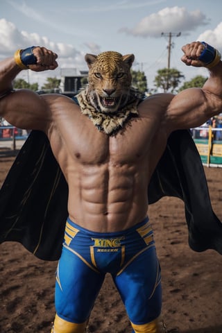 image of King from Tekken flexing his arms, standing, wrestling outfit, bare chest, cape, full body, cinematic, masterpiece, photorealistic, 8k, beautiful, volumetric lighting, detailed, realistic, ultra realistic,high detail, hd, depth of field, king_tekken,photorealistic