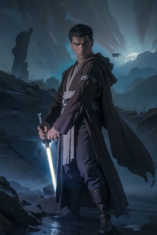 1 man, image of a mature man who looks like "Guts" from Berserk holding a black lightsaber in his right hand, in jedi robes, dynamic pose, ready for battle, mature, 35 years old, short hair, black hair with a white streak, correctly wielding a lightsaber, light_saber, black colored lightsaber, black dress, cloth pieces,  on a spooky dark planet, artistic sky in the background, into the dark, deep shadow, cinematic, masterpiece, best quality, high resolution 