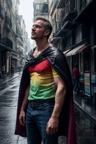 1man, rainbow colored shirt, pants, mature man, rainbow colored cape, sunlight, looking up at the sky, melancholic expression, summer rain, city street, alone