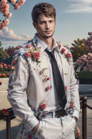 (1 image only), solo male,Kyle Hyde, detective, white collared shirt and black necktie, rose pattern on the shirt, man covered in roses, mature, manly, masculine, confidence, charming, alluring, romantic, slight smile, looking at viewer, perfect anatomy, perfect proportions, 8k, HQ, (best quality:1.5, hyperrealistic:1.5, photorealistic:1.4, madly detailed CG unity 8k wallpaper:1.5, masterpiece:1.3, madly detailed photo:1.2), (hyper-realistic lifelike texture:1.4, realistic eyes:1.2), picture-perfect face, perfect eye pupil, detailed eyes, perfecteyes, mature, 40 years old, outdoor, sunny summer day, in a rose garden, kyle_hyde,flower4rmor