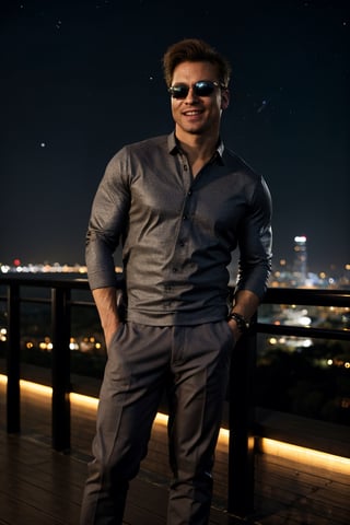 fullbody image of Johnny Cage, man, sweatpants, full body, sunglasses, adjusting eyewear, smile, visible eyes, balcony, city lights in background, night, starry sky, professional photography, ultra sharp focus, tetradic colors, photorealistic, photo r3al,1, well lit scene,johnny_cage_mk1