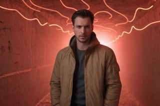 Hyperrealistic photograph of a handsome man, 35 years old, average body, short hair, serious. Straight hair. Very light and big green eyes. Flaxen. Dark hair.

The man is lost in an impossible space. He is trapped in an unending maze. Optical illusions. Paradoxical Space. 

The man wears a light brown jacket. Eerie red light comes from neon signs on the walls. The image portrays a myserious and eerie feeling. Photo from distance.