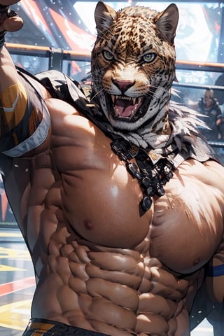 (best Quality), (Masterpiece), arafed, an illustration of man (King from Tekken), (mature_male), tan skin, bara, shirtless, rugged, muscular pectorals, huge pectorals, thick forearm, solo, manly, (niji), wrestling ring, sweaty, pointing towards viewer, 1boy,king_tekken