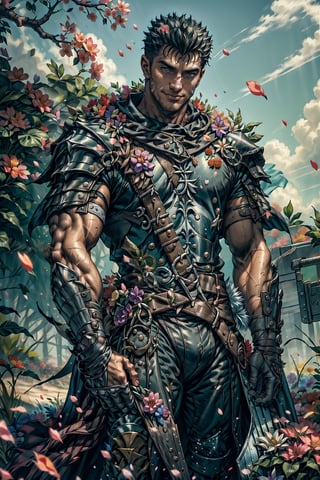 1 man, mature, beefy, muscular, 40 years old, bare chest, sweaty, (4k), (masterpiece), (best quality),(extremely intricate), (realistic), (sharp focus), (cinematic lighting), (extremely detailed),

A mature man who looks like "Guts" from Berserk wearing an armor adorned with flowers. He is standing in a garden of flowers during a sunny summer day and resting in the shadow of a large tree. His hair is adorned with flowers. He has a happy expression and is smiling at the viewer. 

, flower petals falling in the wind, many flowers surronding him, flower4rmor,Flower, 