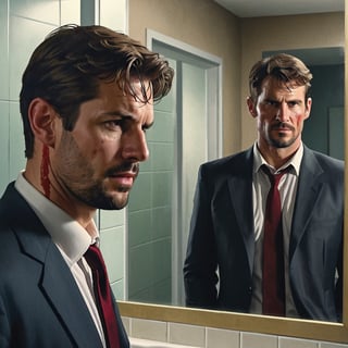 a photo of 30 years old handsome male detective in formal suit, scene from psycho-thriller, in a bathroom stall, looking at his own reflection in a mirror, only his reflection has blood on face, (high detailed skin:1.2), 8k uhd, dslr, bokeh,  high quality, Fujifilm XT3, sharp focus, by pascal blanche rutkowski repin artstation hyperrealism painting concept art of detailed character design matte painting, 4 k resolution,kyle_hyde