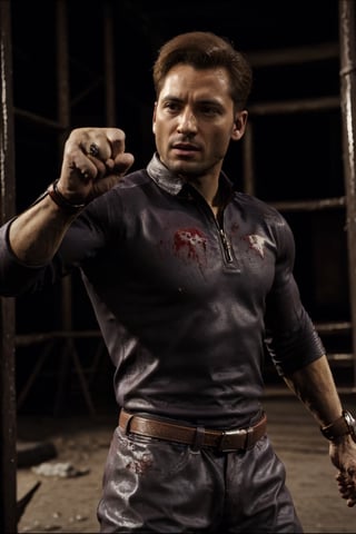 image of Johnny Cage from Mortal Kombat 1, pointing towards himself, blood, battle arena in the background, full body, manly, handsome, cinematic, masterpiece, photorealistic, 8k, beautiful, volumetric lighting, detailed, realistic, ultra realistic,high detail, hd, depth of field,johnny_cage_mk1,photorealistic