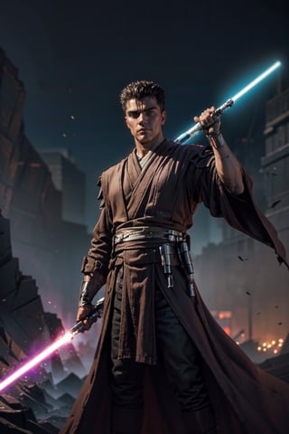 1 man, image of a mature man who looks like "Guts" from Berserk in Jedi robes, holding a purple lightsaber in his right hand, dynamic pose, ready for battle, mature, 35 years old, short hair, white streak in his hair, correctly wielding a lightsaber, light_saber, purple lightsaber, black dress, cloth pieces,  artistic sky in the background, into the dark, deep shadow, cinematic, masterpiece, best quality, high resolution 