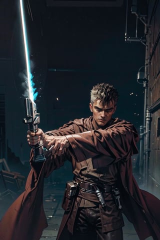 1 man, image of a mature man who looks like "Guts" from Berserk holding a purple lightsaber in his right hand, in jedi robes, dynamic pose, ready for battle, mature, 35 years old, short hair, white streak in his hair, correctly wielding a lightsaber, light_saber, purple lightsaber, black dress, cloth pieces,  artistic sky in the background, into the dark, deep shadow, cinematic, masterpiece, best quality, high resolution 